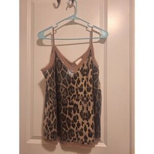 Entro Leopard Print Sequin Camisole Top Brown Animal Print V-Neck Tank Large